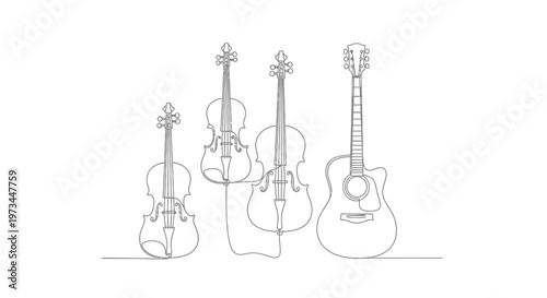 Four acoustic guitars in line drawing.