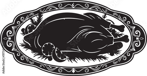 An elegant black and white illustration of a roasted turkey on a decorative platter with intricate border designs