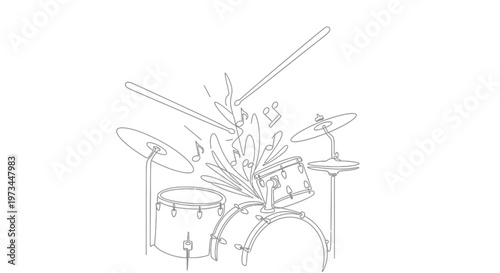 Drum set with sticks and cymbals.