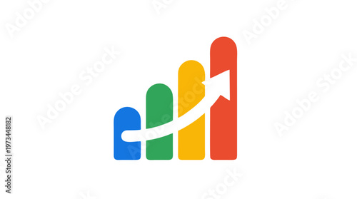 Growing chart icon. Colorful bar graph with up arrow. Business success, profit vector.