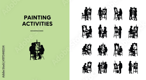 Collection of vector graphic illustrations depicting people engaging in various artistic painting activities with easels.