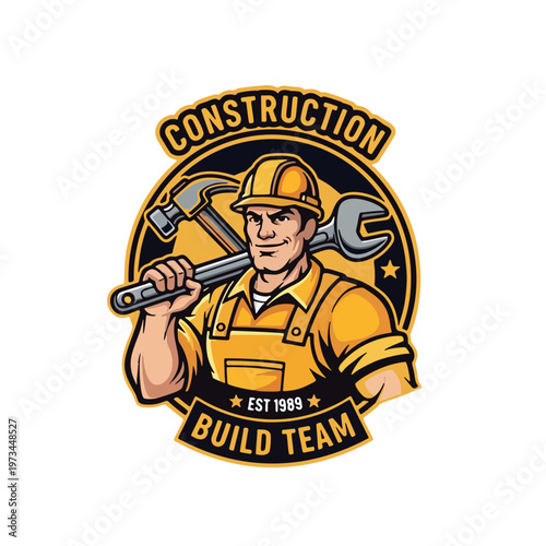Construction Build Team Logo - Skilled Worker Holding Tools for Building Projects and Expertise