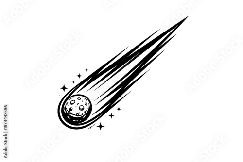 Striking Black and White Illustration of a Comet with a Textured Meteorite and Star Trails, Evoking Cosmic Wonder and Celestial Motion, Perfect for Space Enthusiast Designs and Astrological Artworks.