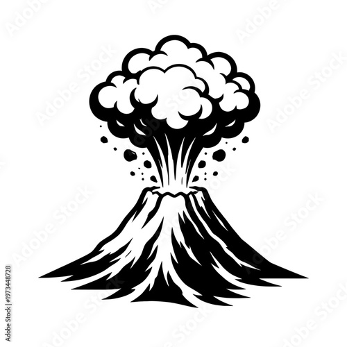 Dynamic Black and White Illustration of a Volcano Erupting with Smoke, Ash, and Debris, Capturing Earth's Powerful Geological Forces in a Stylized Artistic Rendering for Educational and Design Purpose
