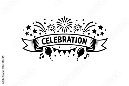 Festive Celebration Graphic with Fireworks, Balloons, Stars, Confetti, and Music Notes - Ideal for Party Invitations, Decorations, and Event Promotion - Vector Art for Joyful Occasions