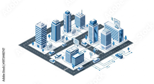 Isometric urban city block with modern buildings.
