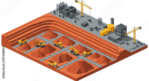 Isometric Open Pit Construction Excavation Site With Machinery.