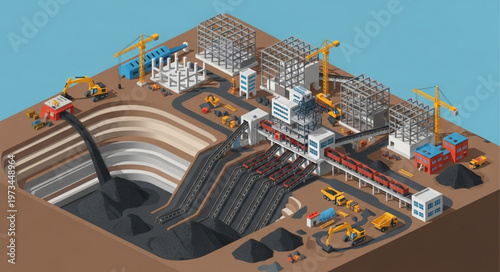 Isometric Open Pit Mine Excavation Site With Heavy Machinery.