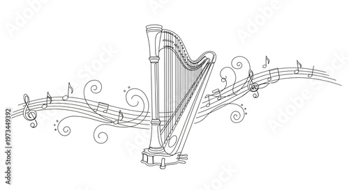Harp with musical notes and swirls.