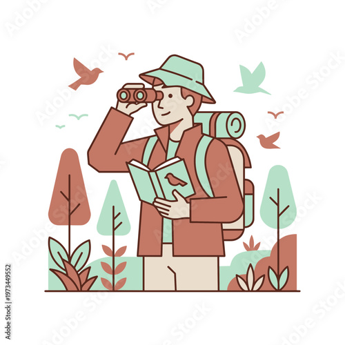 Birdwatcher with Binoculars and Field Guide in Nature, Flat Vector Illustration of Wildlife Observation and Outdoor Hobby