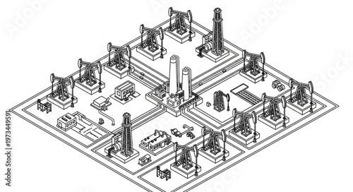 Isometric schematic circuit board with miniature structures.