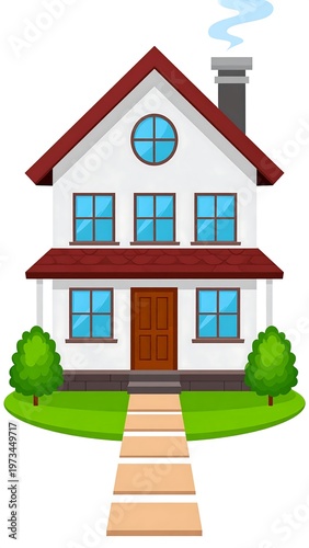 Cartoon house with red roof, white siding, a path, and small trees. Smoke from chimney