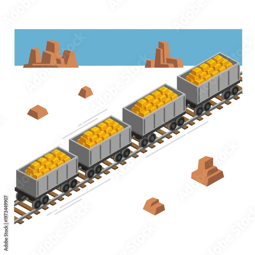 Isometric Gold Mine Train Cars Filled with Golden Nuggets.
