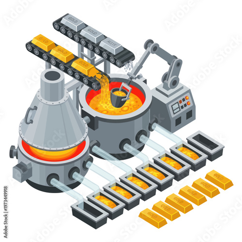 Isometric Gold Refinery - Melting, Casting, and Conveying Gold Bars.