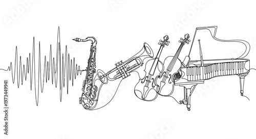 Continuous Line Art of Musical Instruments with Sound Wave.
