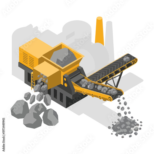 Isometric View of Rock Crusher Machine Processing Stones.