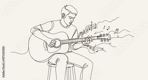 Man playing acoustic guitar with musical notes in continuous line art.