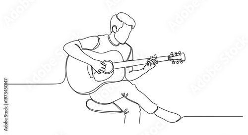 Continuous line drawing of a person playing an acoustic guitar.