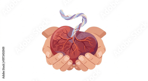 Vector illustration of human hands holding a placenta with umbilical cord, medical anatomy concept in flat 2.0 style