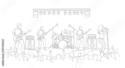 Energetic rock band performing live on stage with instruments and lighting.