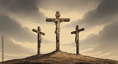 Crucifixion Scene, Christianity, Historic Location, Illustration, Dramatic Sky, Side View, Religious Significance