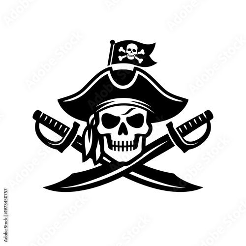 Iconic Pirate Skull with Crossbones Flag and Crossed Sabers: A Symbol of Adventure, Danger, and Maritime Legends for Design and Merchandise Applications, Vector Illustration.