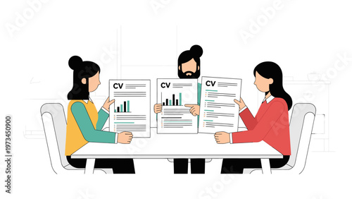 Three people sitting at a table reviewing CVs and resumes, discussing job applications and hiring process.
