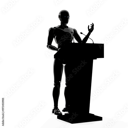 Silhouette of a person speaking at a podium with a microphone, representing public speaking or a presentation.