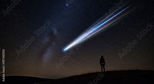 a person standing on a hill looking at a shooting star in the night sky with the milky way galaxy vi
