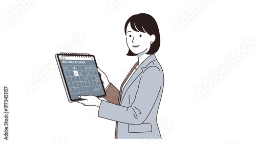A woman in a suit holding a tablet displaying a calendar, planning her schedule.