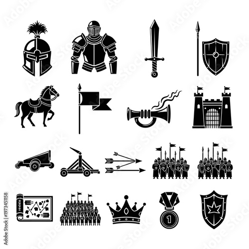 Medieval warfare collection featuring knight armor, helmets, swords, shields, spears, battle horses, flags, trumpets, castles, catapults, arrows, armies, battle plans, crowns, and
