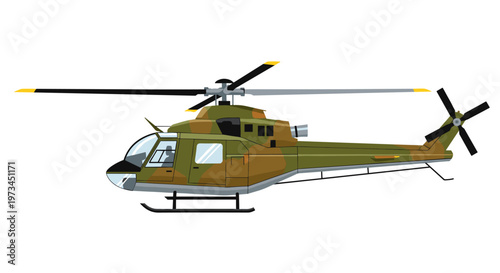 Military helicopter with camouflage pattern, featuring a pilot silhouette visible through the cockpit glass, sharp clean lines, and a balanced composition showcasing its rotor
