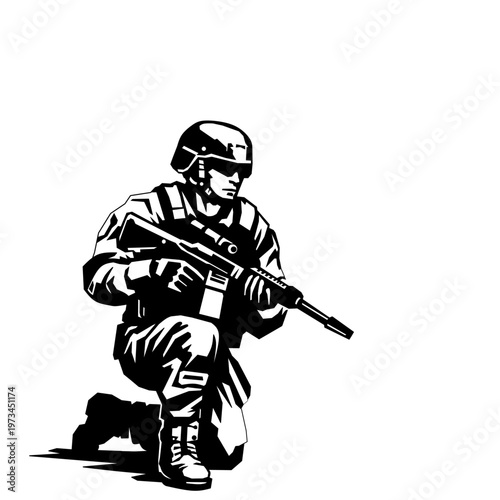 Modern infantry soldier kneeling and aiming rifle isolated on white background. Military combat illustration. Perfect for independence day, veteran day, and military day