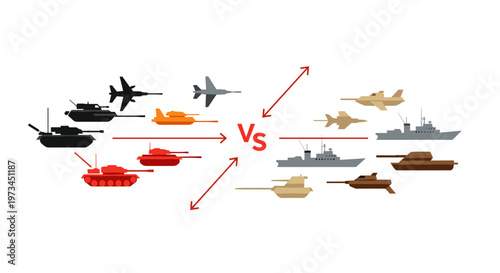 Military vehicles and aircraft clash, showcasing diverse armored tanks, fighter jets, and naval warships in a dynamic comparison with bold red 'vs' symbol and directional arrows,