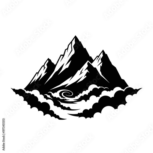 Majestic Mountain Peaks Silhouette with Cloudscape Vector Illustration.