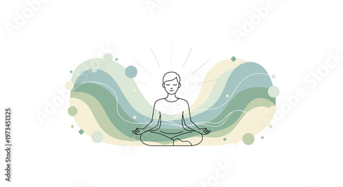 Serene person meditating peacefully, enveloped by flowing organic shapes and calming pastel hues, emanating tranquil energy, representing mindfulness and inner peace.