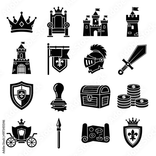 Royal medieval kingdom icons collection featuring a crown, ornate throne, imposing castle, watchtower, heraldic banner, knight's helmet, sharp sword, protective shield, royal