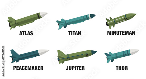 Six distinct missile types, atlas, titan, minuteman, peacemaker, jupiter, and thor, depicted with clean lines and geometric shapes, showcasing a balanced composition with military