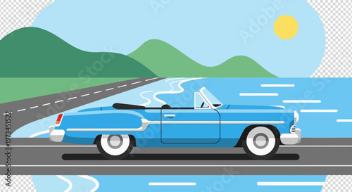 Blue convertible car drives along a coastal road under a sunny sky.
