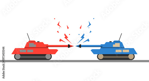 Two stylized military tanks, one red, one blue, facing each other on a gray line, with cannons extended, firing projectiles represented by sharp geometric shapes and small dots in
