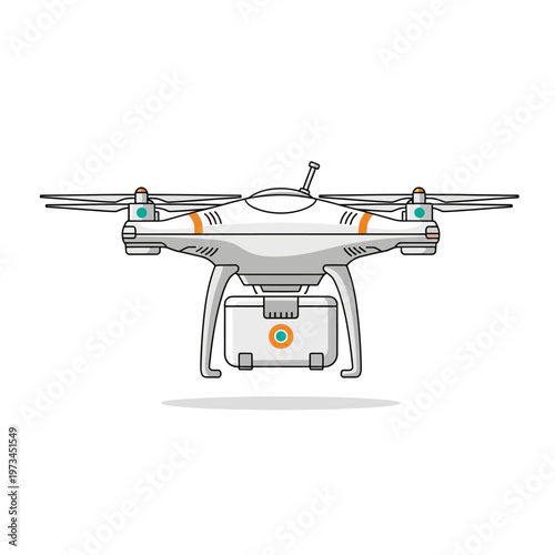 Modern white drone with a camera attached, isolated on a white background, representing aerial technology and surveillance.