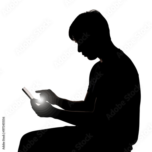 Silhouette of a young man using a smartphone, isolated on a white background, with a lens flare effect.