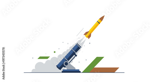 Yellow rocket launching from a blue complex launcher, emitting smoke and sparks, ascending into a bright white sky with small green and brown geometric shapes suggesting terrain,