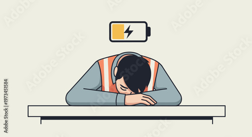 Worker exhausted, head resting on desk with low battery symbol indicating depletion of energy, symbolizing burnout and fatigue in a modern, clean vector graphic.