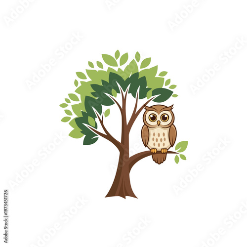 Cute cartoon owl sitting on a branch of a leafy green tree, illustration.