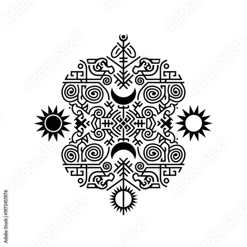 Intricate black and white circular mandala design with sun and moon symbols, representing ancient spirituality and cosmic balance.