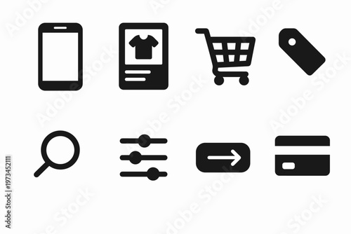 E-commerce Icon Grid. E commerce mobile app mockup. Filled icon set of E commerce mobile app mockup:
