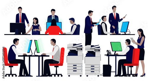 Corporate professionals collaborating within a modern office environment, featuring individuals interacting with computers, printers, and documents, depicted with clean lines, a