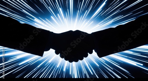 A strong handshake silhouette against an energetic blue and white speed line background effect