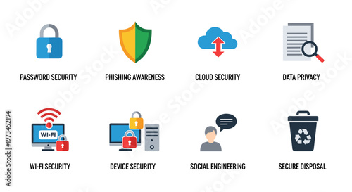 Cybersecurity icons depicting digital protection concepts: password lock, shield, cloud data transfer, document analysis, wi-fi signal security, device safeguarding, social